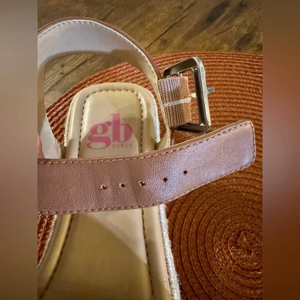 Girl’s Tan Leather Buckle Strap Wedge Sandals, Size 2 Little Girl